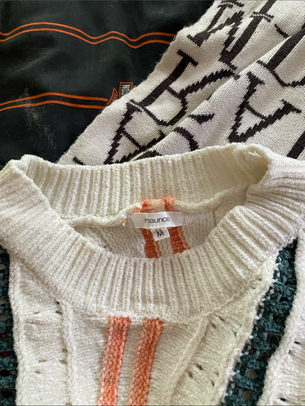 Maurices Cream Crewneck Sweater with Rust, Peach & Teal Stripes - Picture 3 of 8